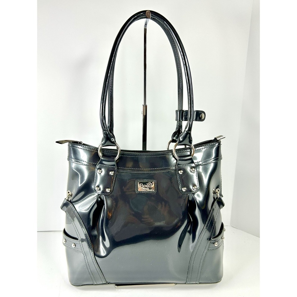 Beijo Classic Handbag Charcoal Patent Faux Leather Satchel Top Handle Purse EUC